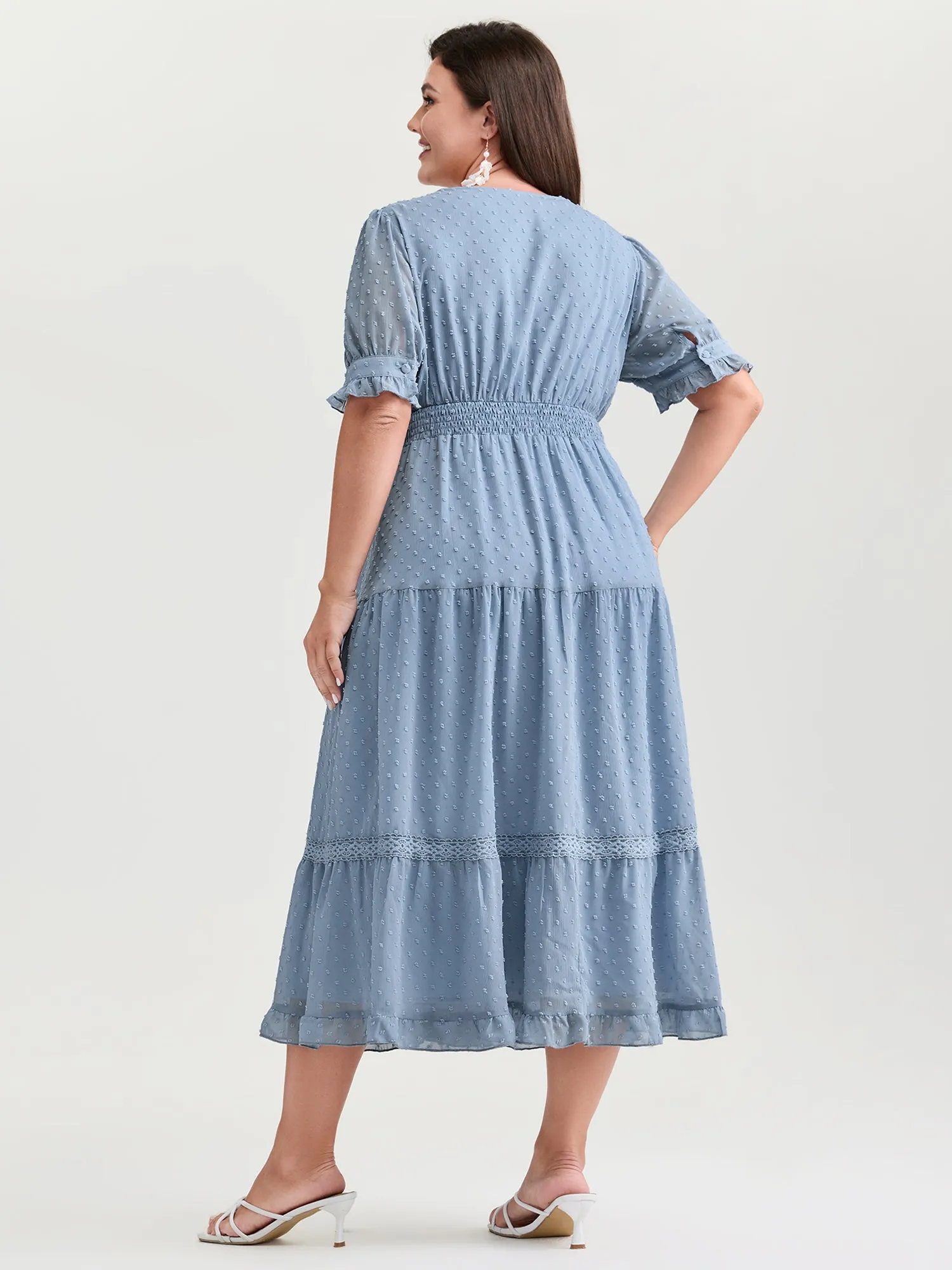 Textured Lace Trim Wrap Neckline Tiered Midi Dress sold by Bloomchic product image thumbnail 4