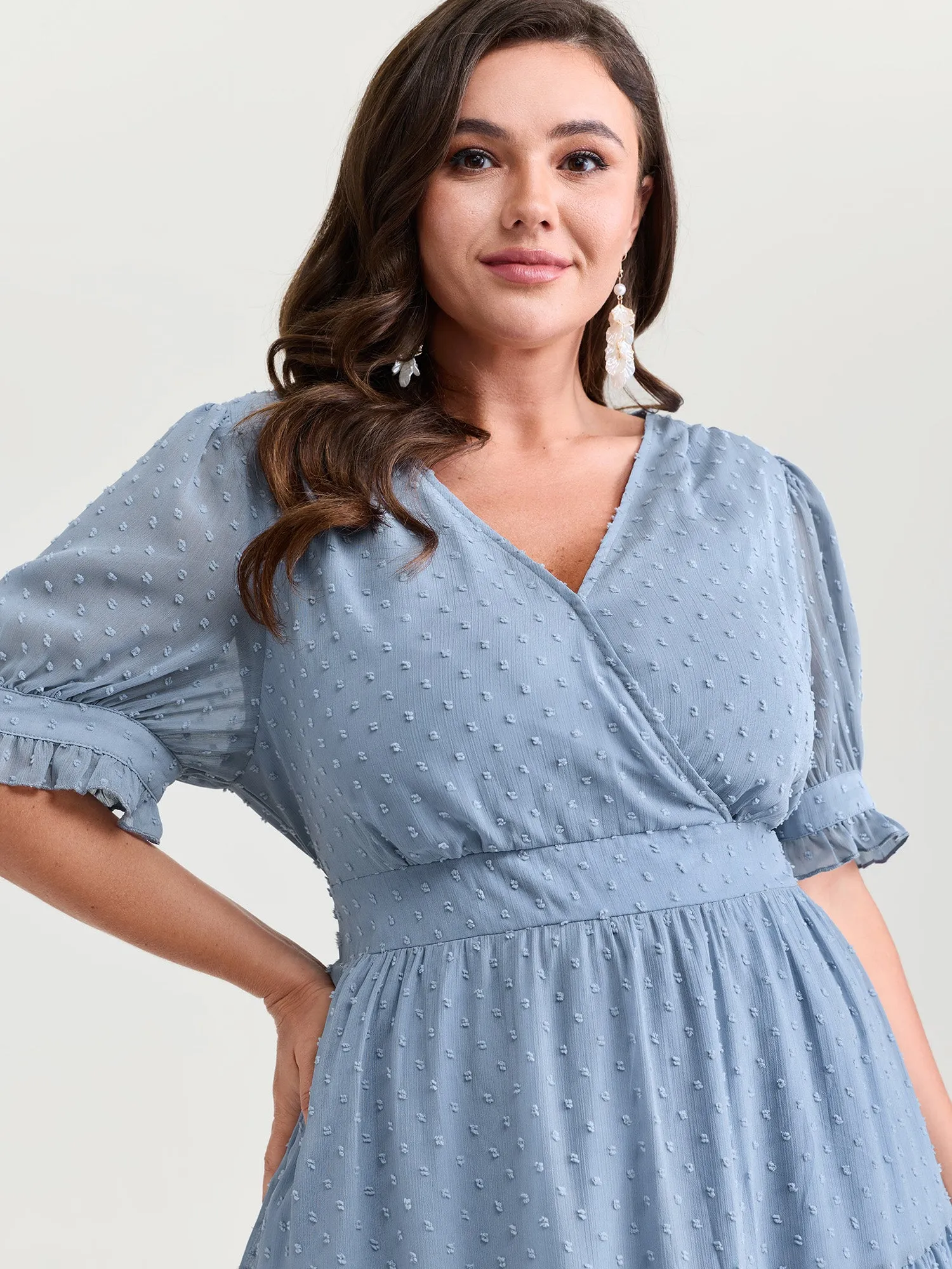 Textured Lace Trim Wrap Neckline Tiered Midi Dress sold by Bloomchic product image thumbnail 3