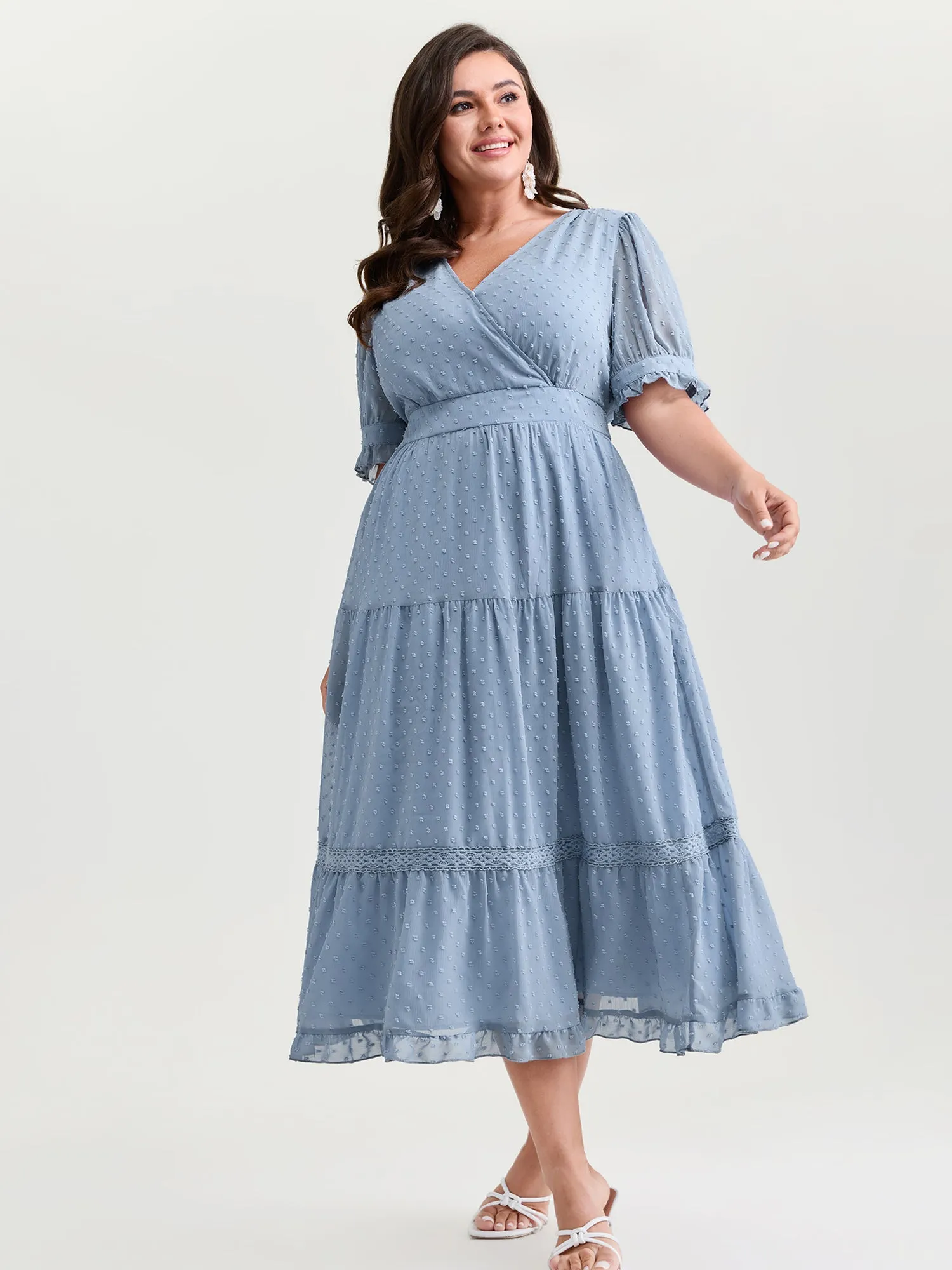 Textured Lace Trim Wrap Neckline Tiered Midi Dress sold by Bloomchic product image thumbnail 2