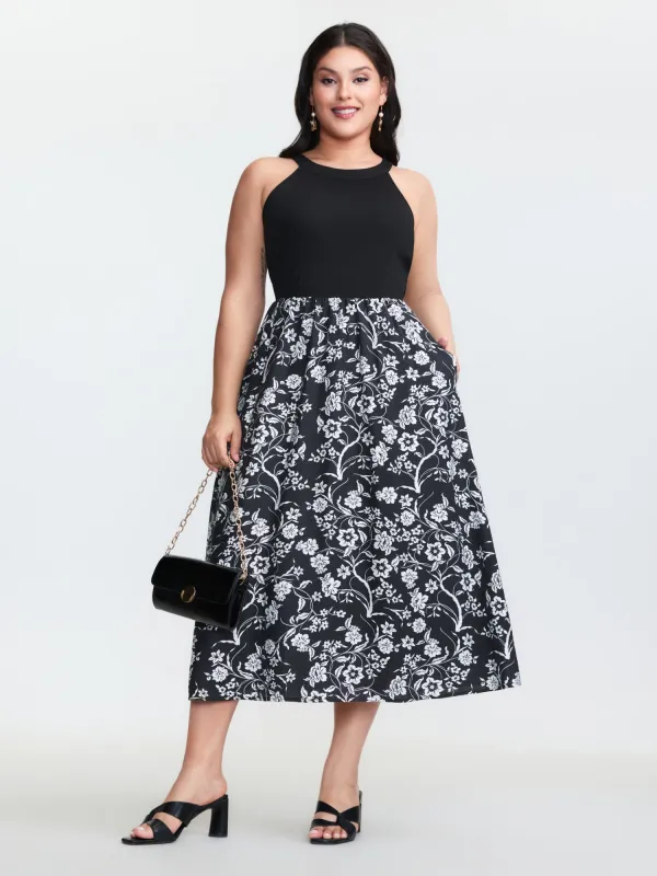 Floral Print Stretchy Waist Pockets Midi Dress made by Bloomchic
