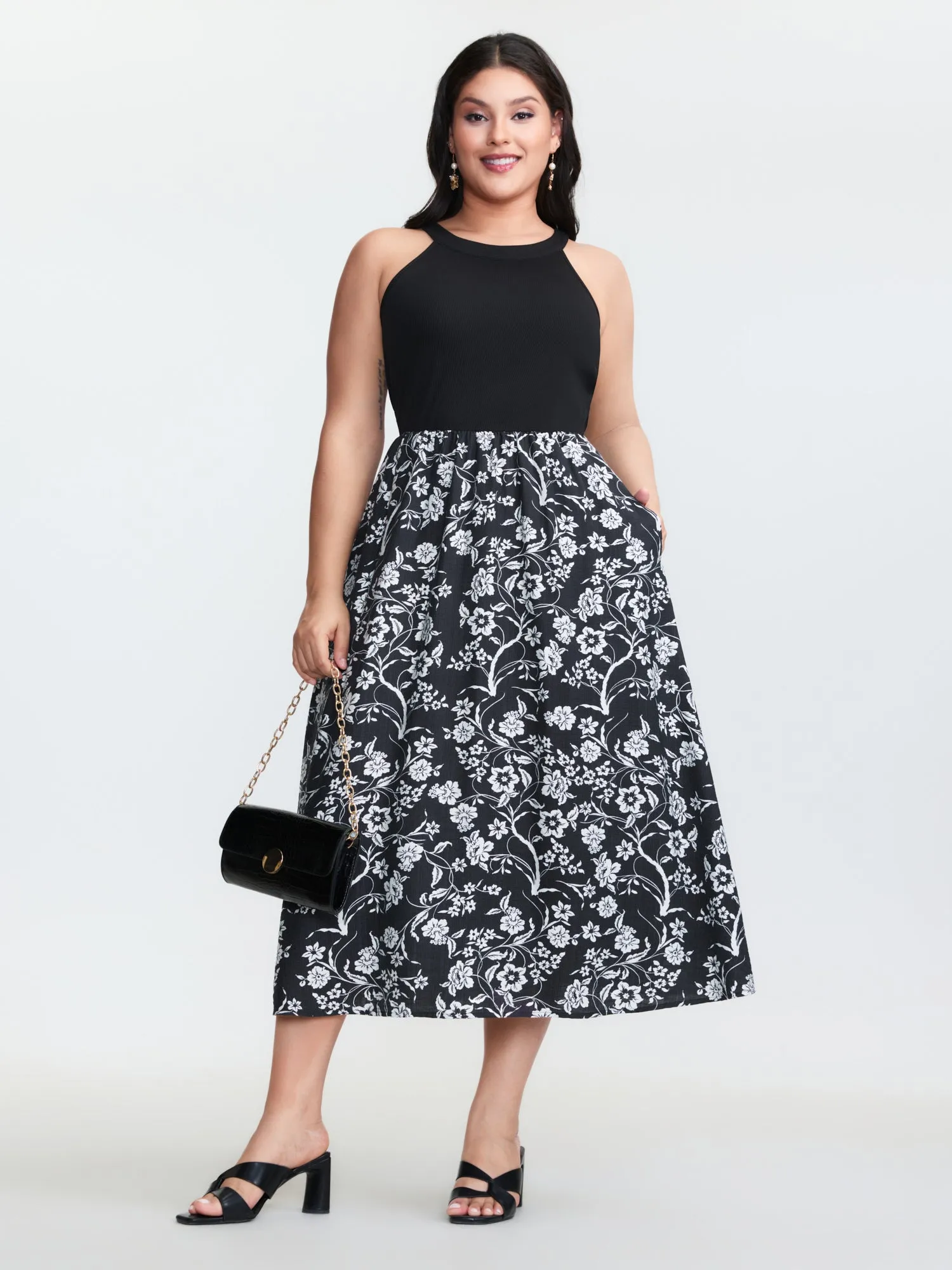 Floral Print Stretchy Waist Pockets Midi Dress sold by Bloomchic