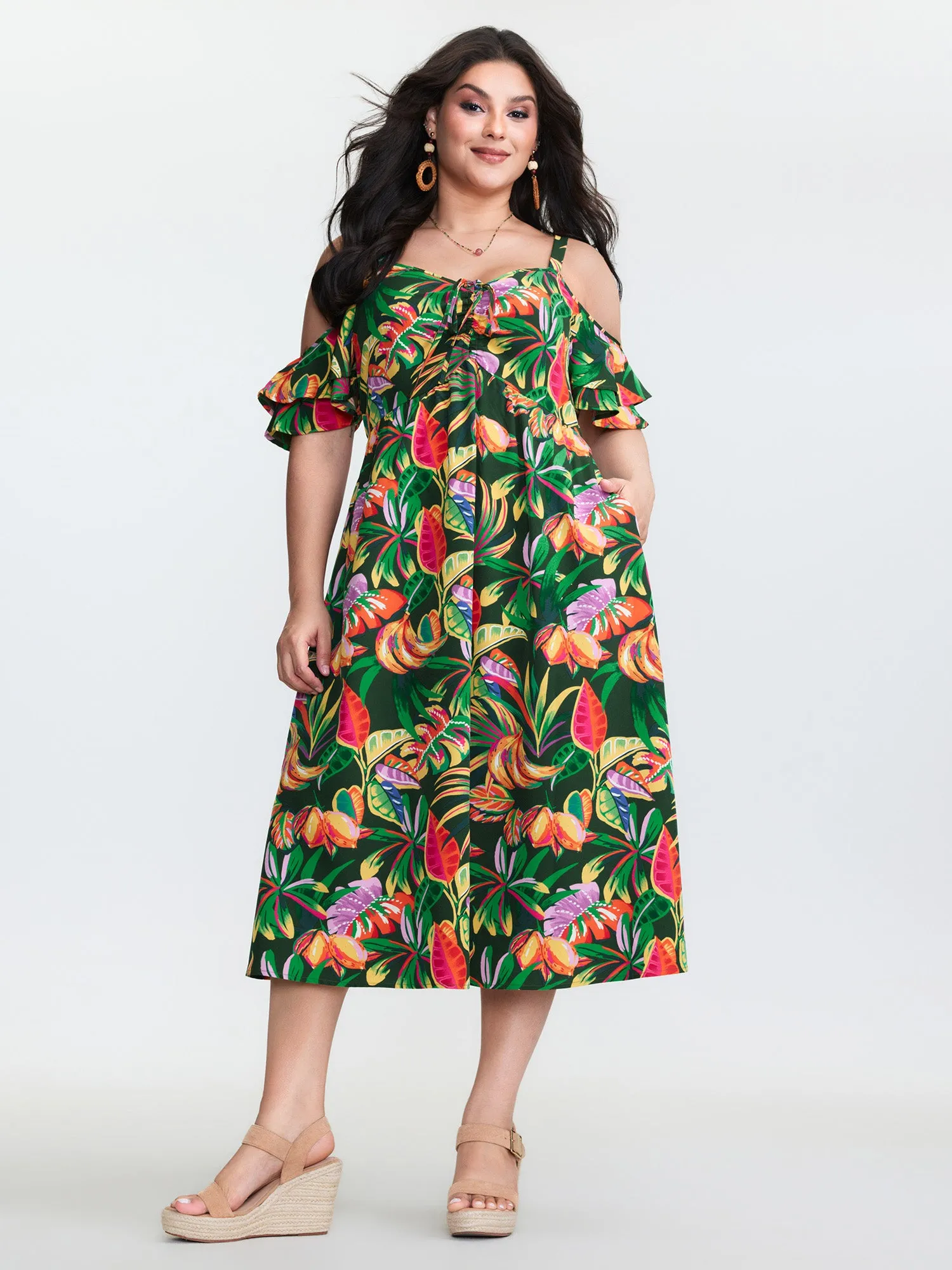 Vibrant Tropical Print Off-Shoulder Midi Dress sold by Bloomchic product image thumbnail 3