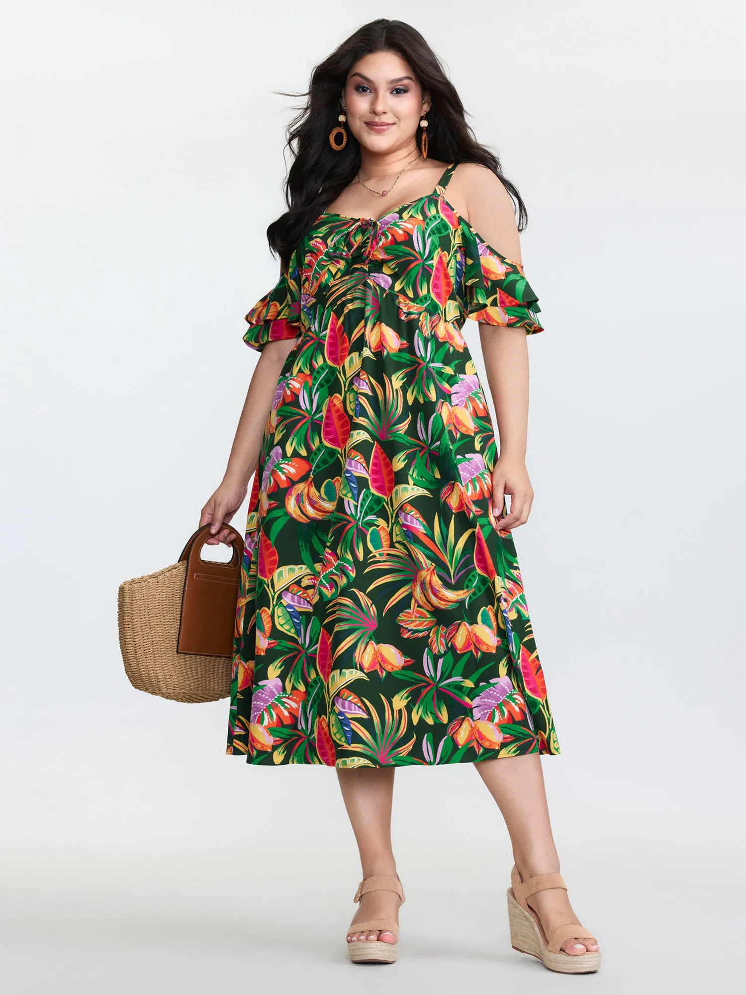 Vibrant Tropical Print Off-Shoulder Midi Dress sold by Bloomchic