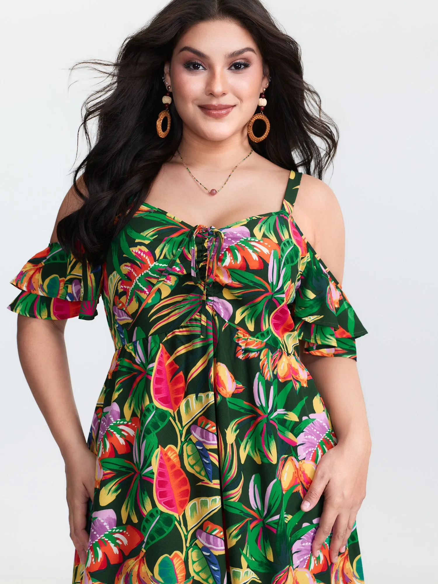 Vibrant Tropical Print Off-Shoulder Midi Dress sold by Bloomchic product image thumbnail 2