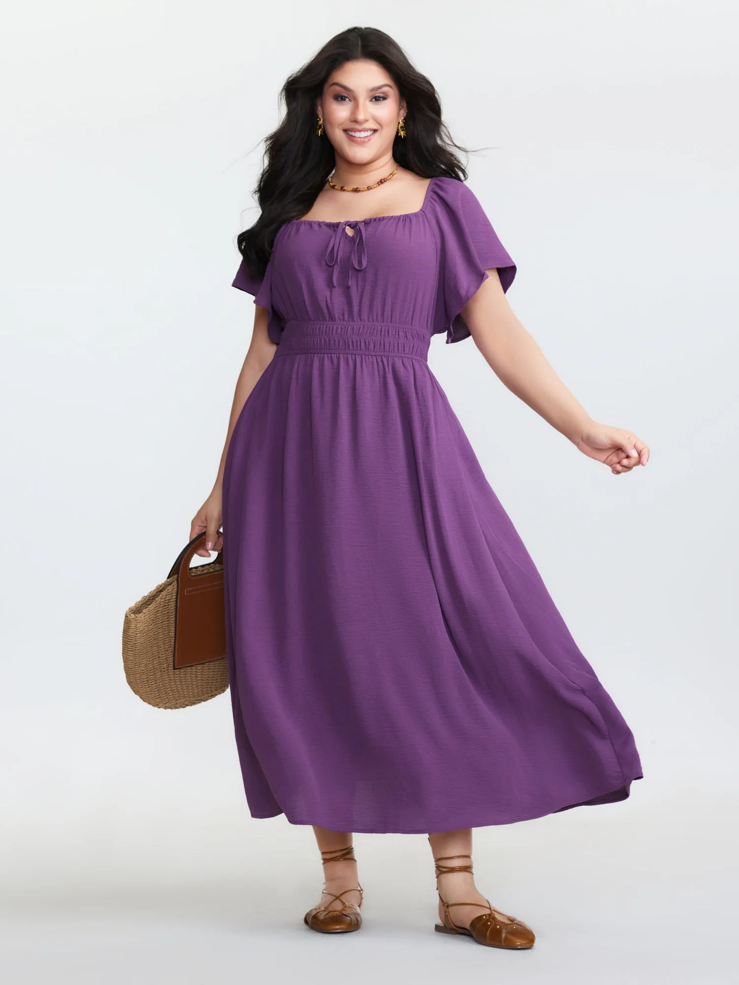 Square Neckline Shirred Waist Maxi Dress sold by Bloomchic