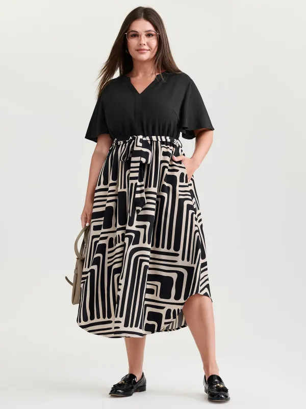 Geometric Contrast Print Arc-Hem Midi Dress made by Bloomchic