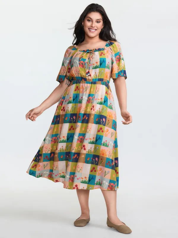 Breezy Garden Collage Stretchy Neckline Midi Dress made by Bloomchic