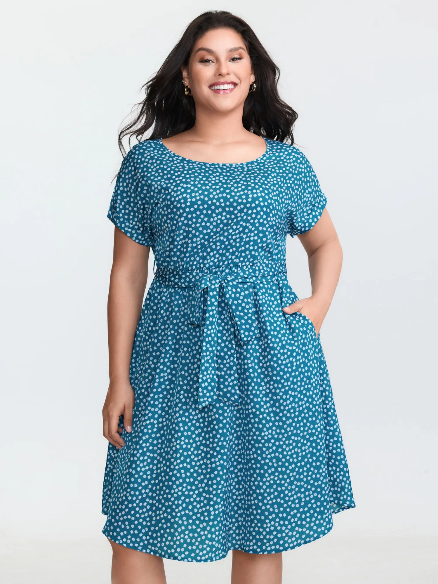 Micro Floral Print Belted Midi Dress sold by Bloomchic