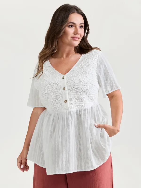 Cotton Stretchy Button Detail V-Neck Knit Top sold by Bloomchic