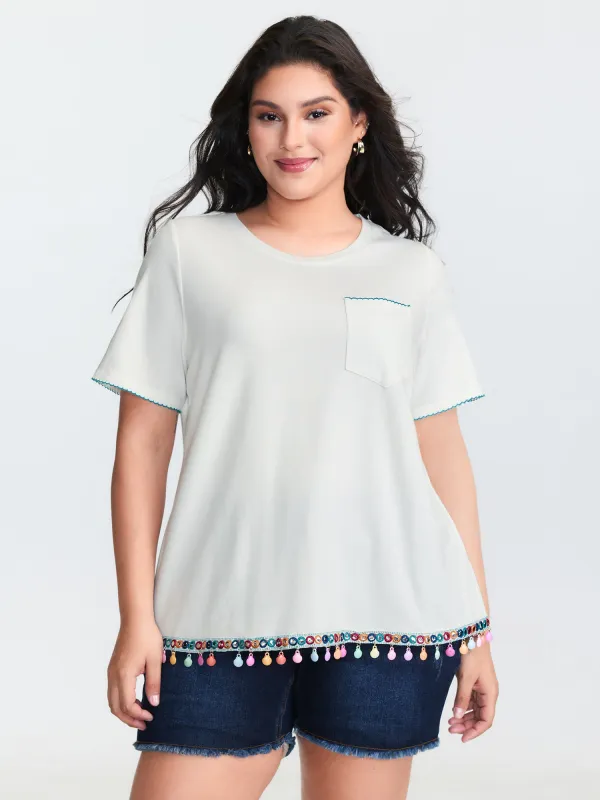 Cotton Stretchy Colorful Tassels Round Neck T-Shirt sold by Bloomchic