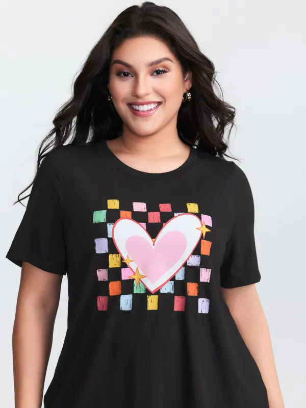 Multi-Color Heart Stretchy Round Neck T-Shirt made by Bloomchic