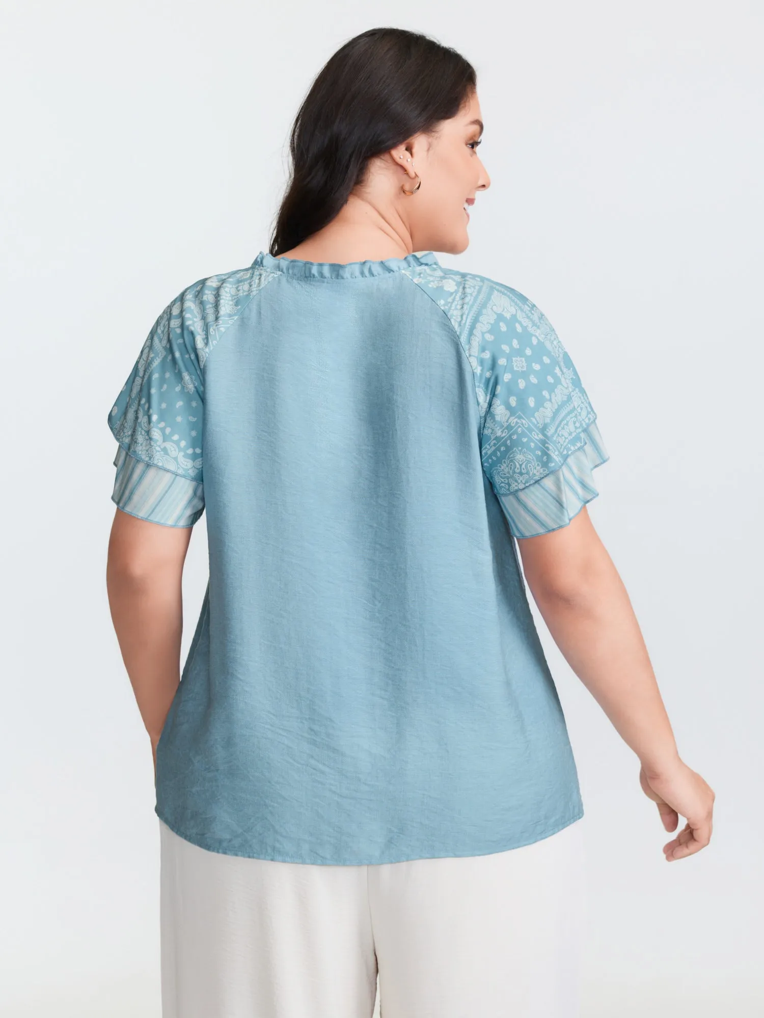 Rayon Color Contrast Ruffled Sleeve Blouse sold by Bloomchic product image thumbnail 4