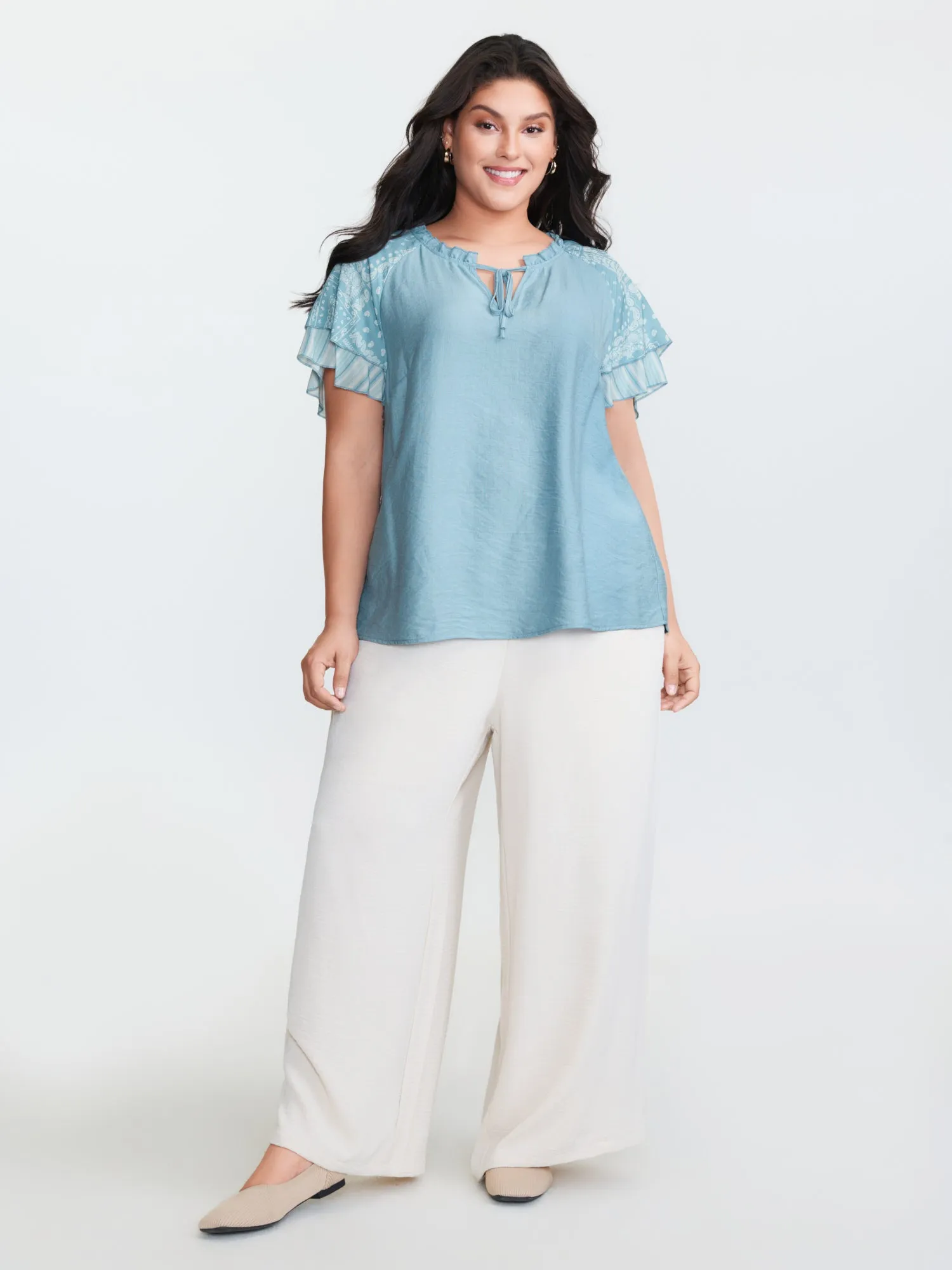 Rayon Color Contrast Ruffled Sleeve Blouse sold by Bloomchic product image thumbnail 3