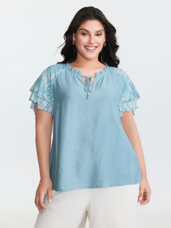 Rayon Color Contrast Ruffled Sleeve Blouse made by Bloomchic