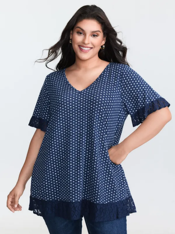 Polka Dots Print Lace Trim Knit Top sold by Bloomchic