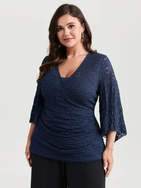 Sheer Lace Flared Sleeve Blouse sold by Bloomchic