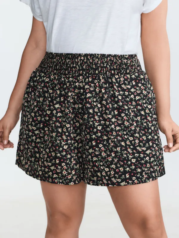 Micro Floral Print Shirred Waist Shorts made by Bloomchic