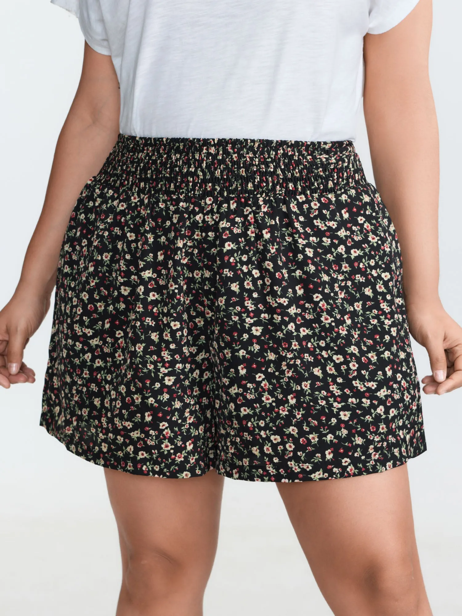 Micro Floral Print Shirred Waist Shorts sold by Bloomchic