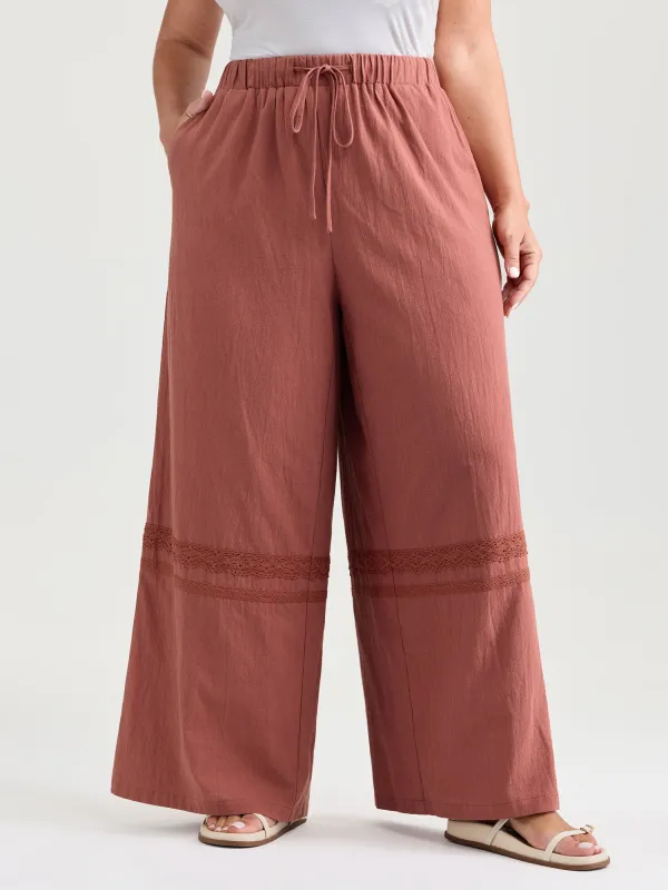 Cotton Drawstring Waist Lace Trim Pants made by Bloomchic