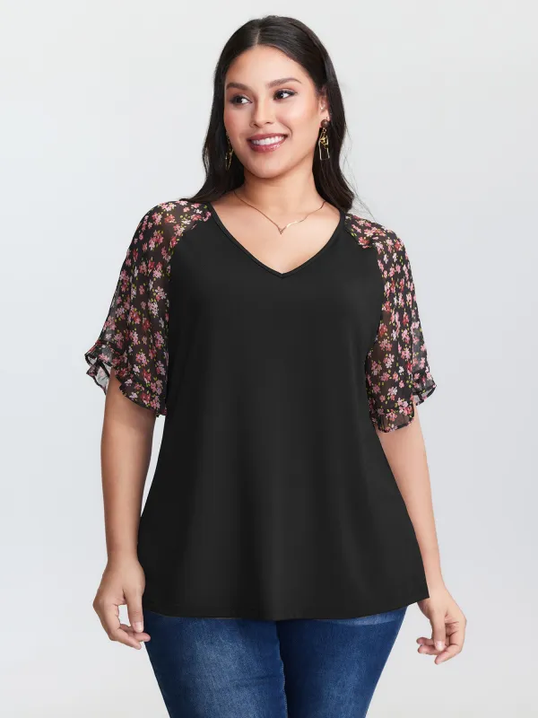 Sheer Floral Print Ruffled Cuff Sleeve Top sold by Bloomchic