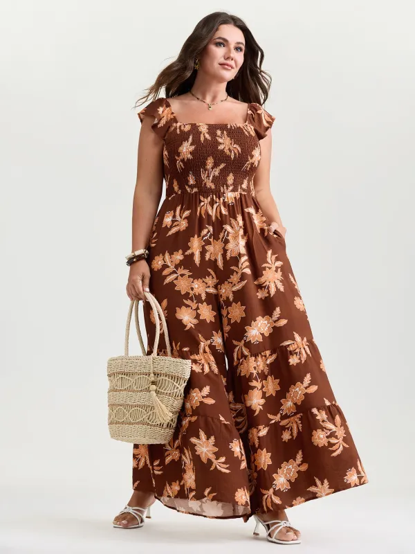 Tropical Floral Print Cinched-Waist Jumpsuit made by Bloomchic