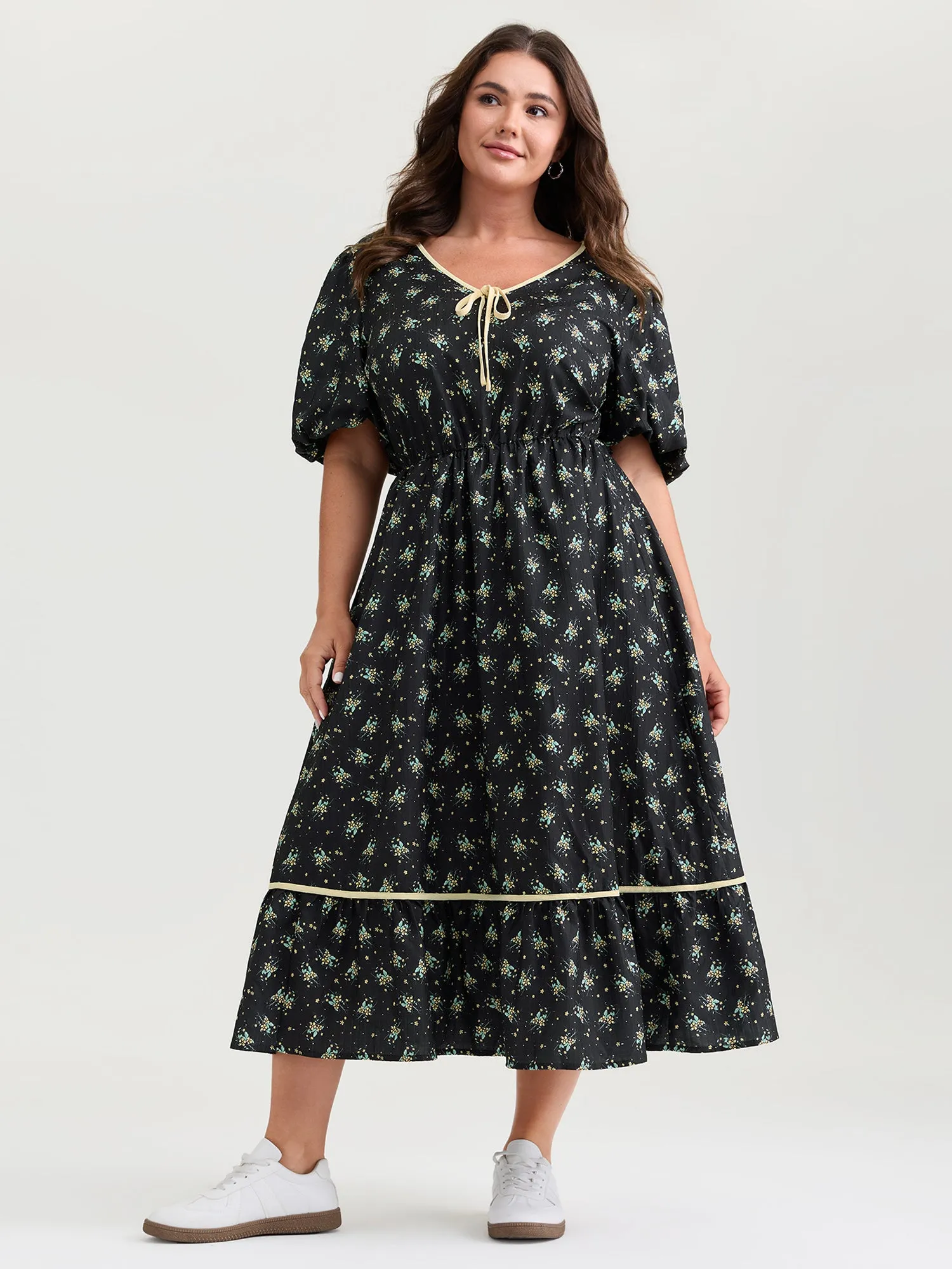 Floral Print Neck Tie Contrast Midi Dress sold by Bloomchic product image thumbnail 3