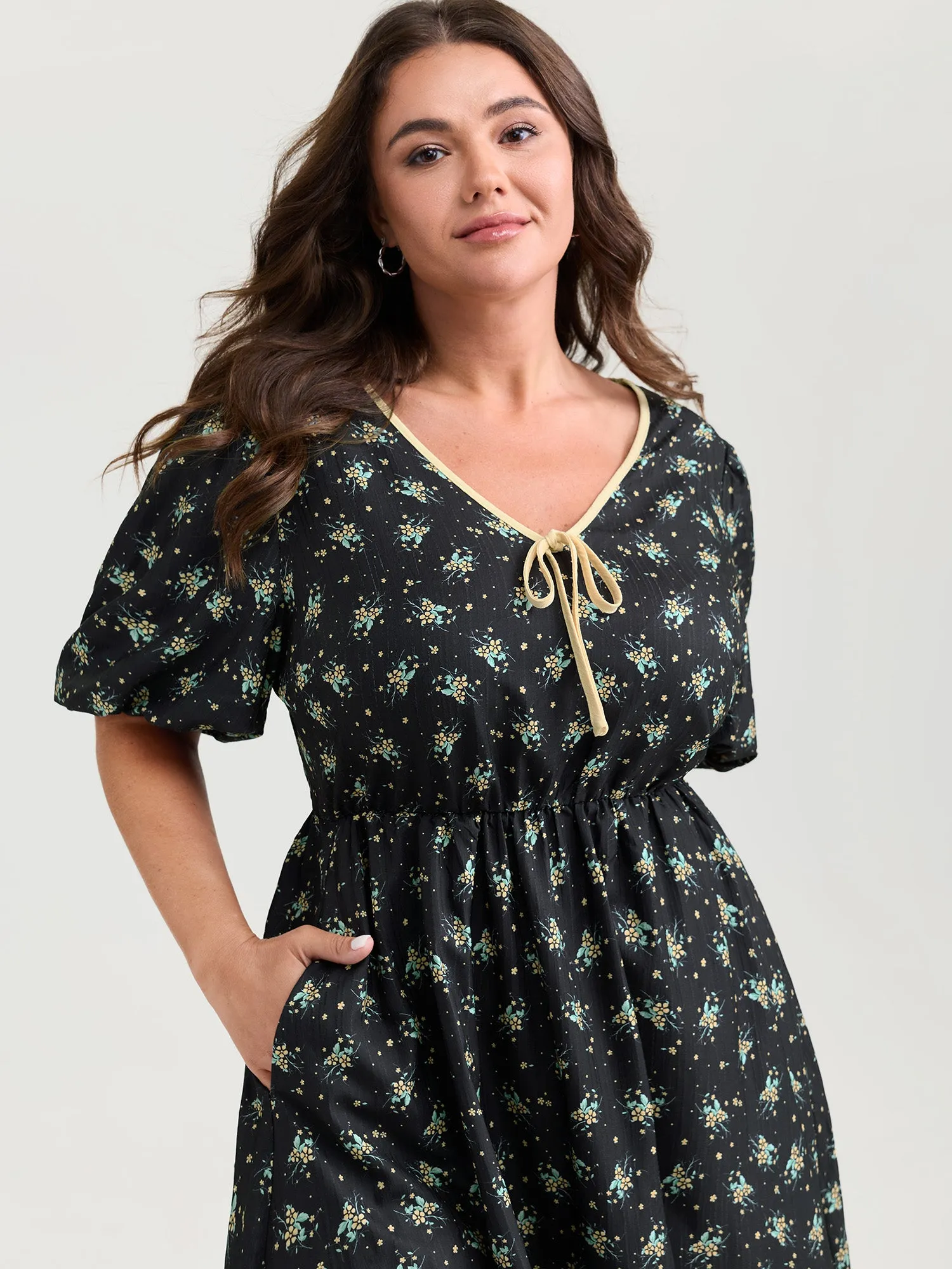 Floral Print Neck Tie Contrast Midi Dress sold by Bloomchic product image thumbnail 2