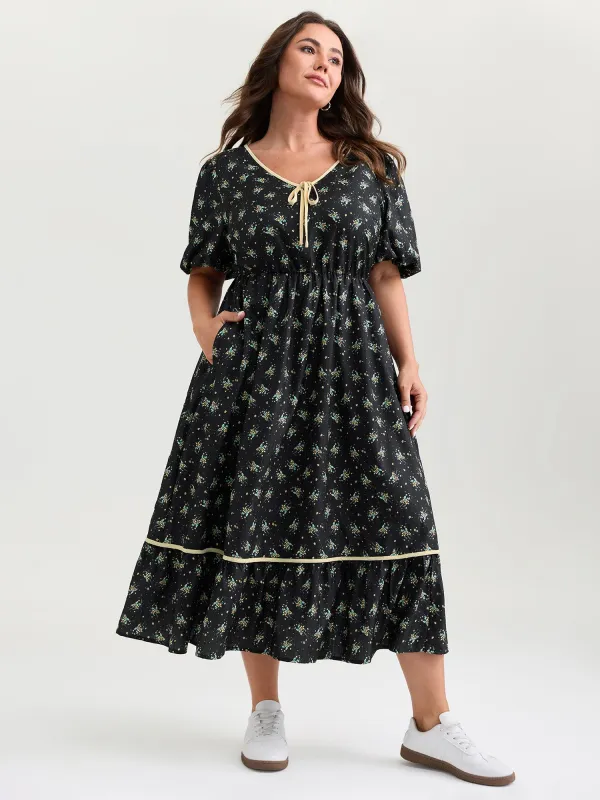 Floral Print Neck Tie Contrast Midi Dress sold by Bloomchic