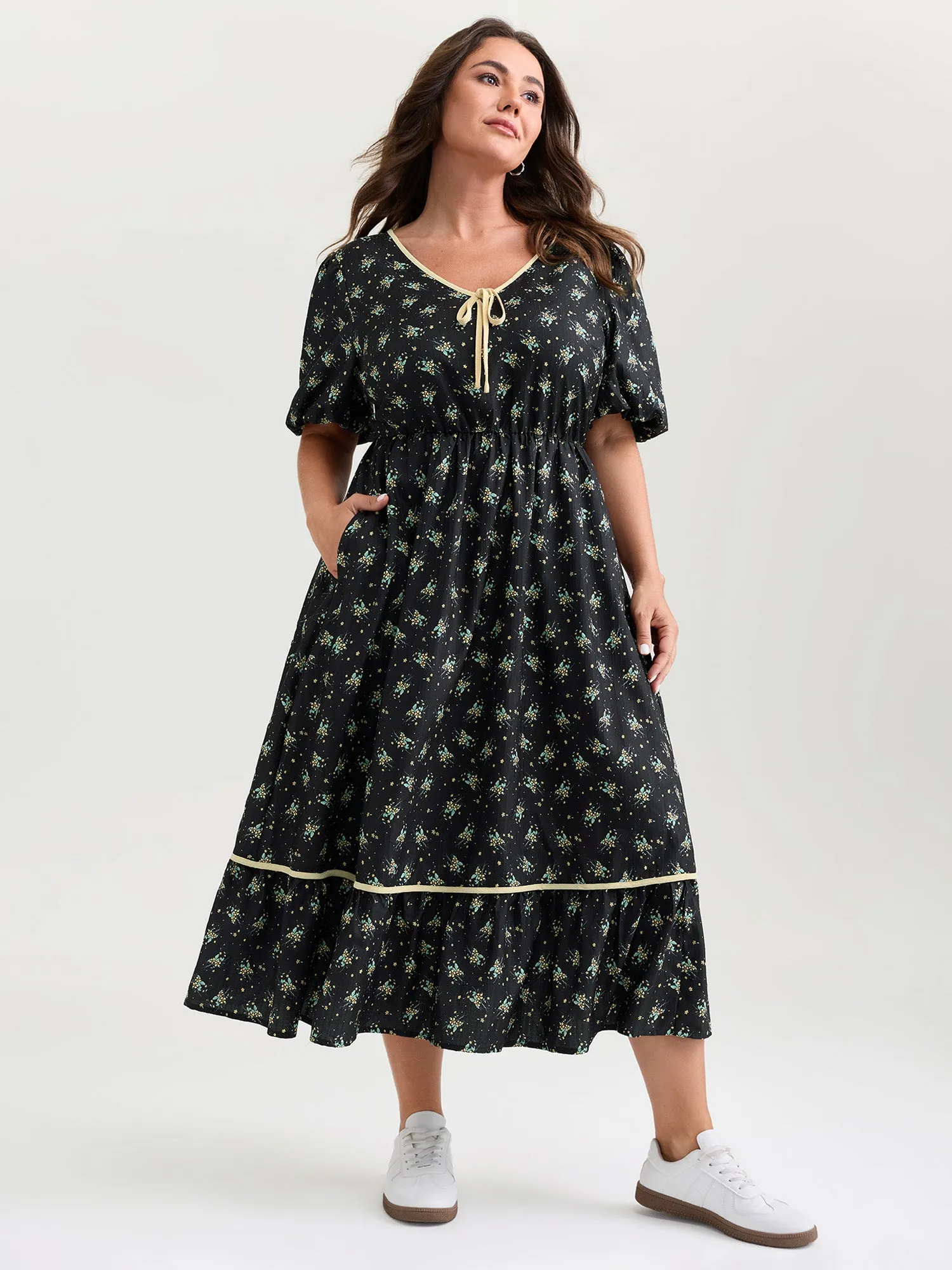 Floral Print Neck Tie Contrast Midi Dress sold by Bloomchic