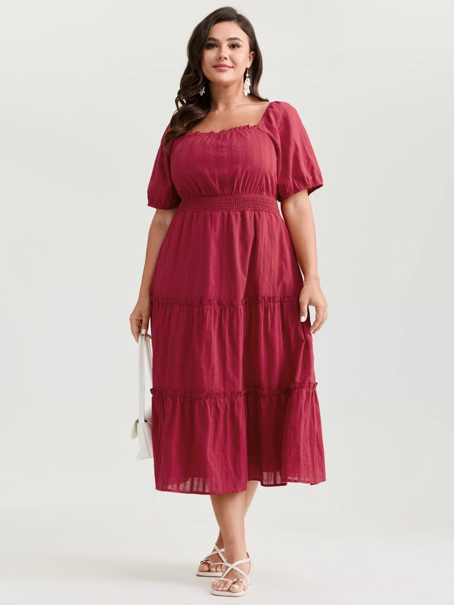 Cotton Textured Cinched-Waist Tiered Midi Dress sold by Bloomchic product image thumbnail 3