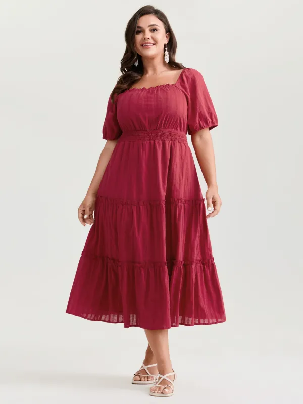 Cotton Textured Cinched-Waist Tiered Midi Dress made by Bloomchic