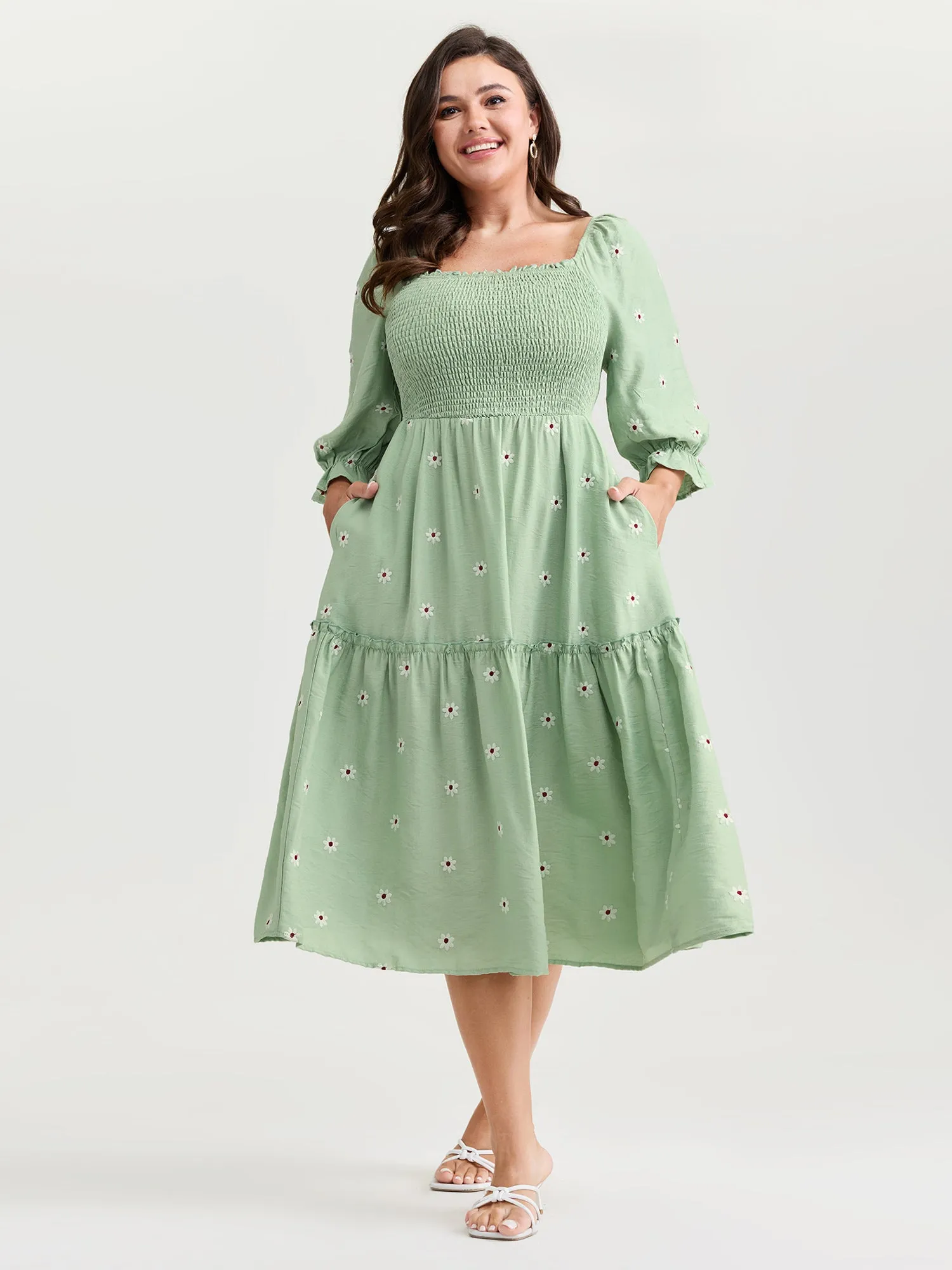 Shirred Embroidered Square Neckline Tiered Midi Dress sold by Bloomchic product image thumbnail 3