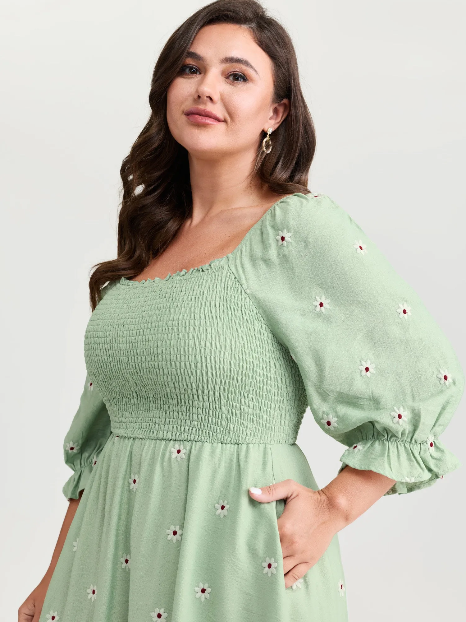 Shirred Embroidered Square Neckline Tiered Midi Dress sold by Bloomchic product image thumbnail 2