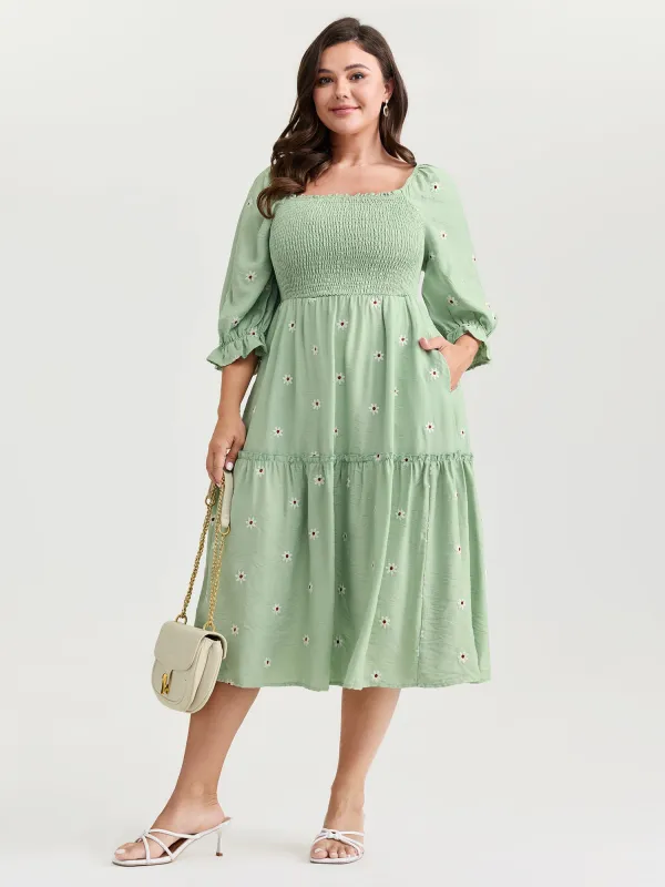 Shirred Embroidered Square Neckline Tiered Midi Dress made by Bloomchic