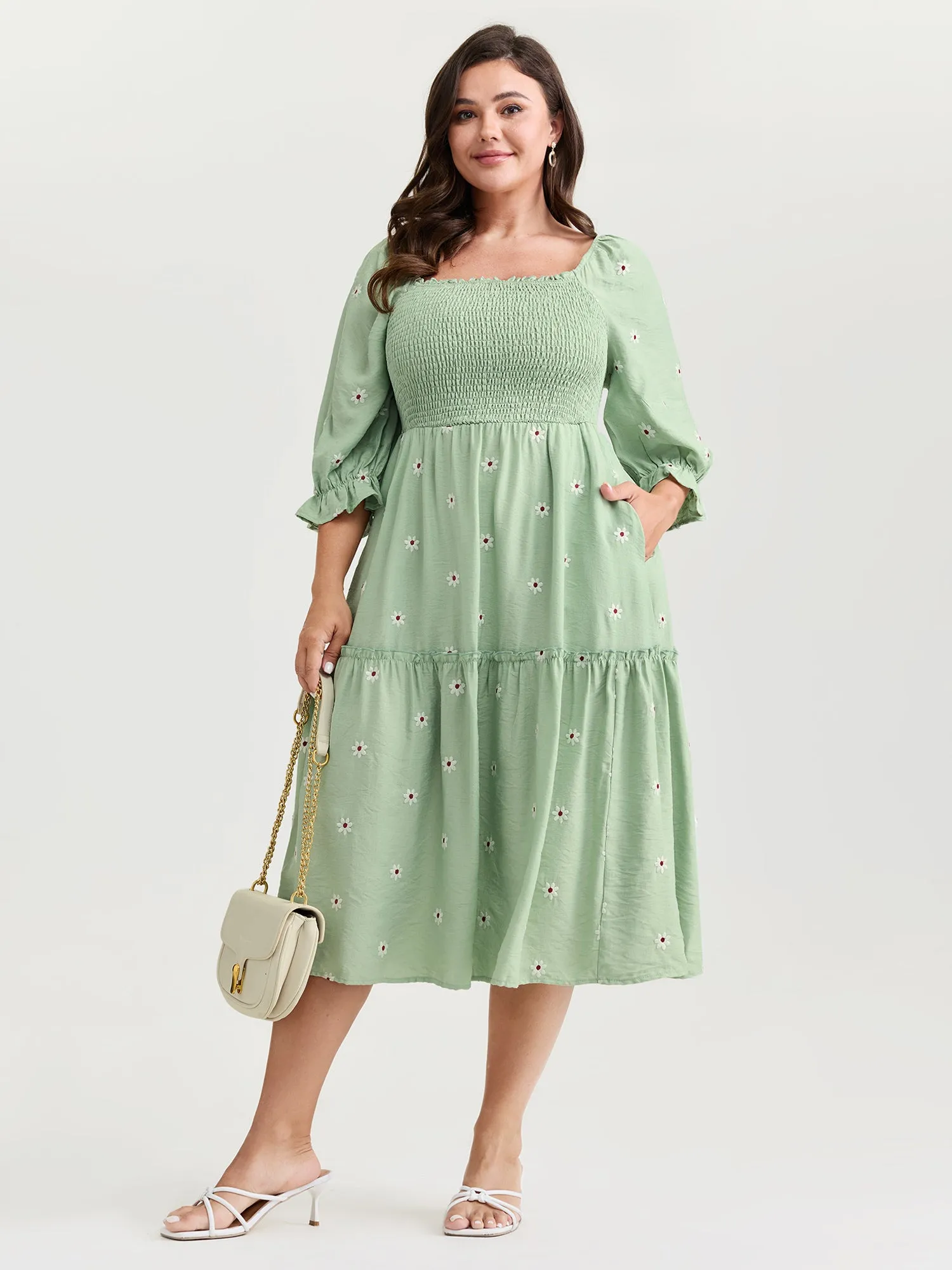 Shirred Embroidered Square Neckline Tiered Midi Dress sold by Bloomchic