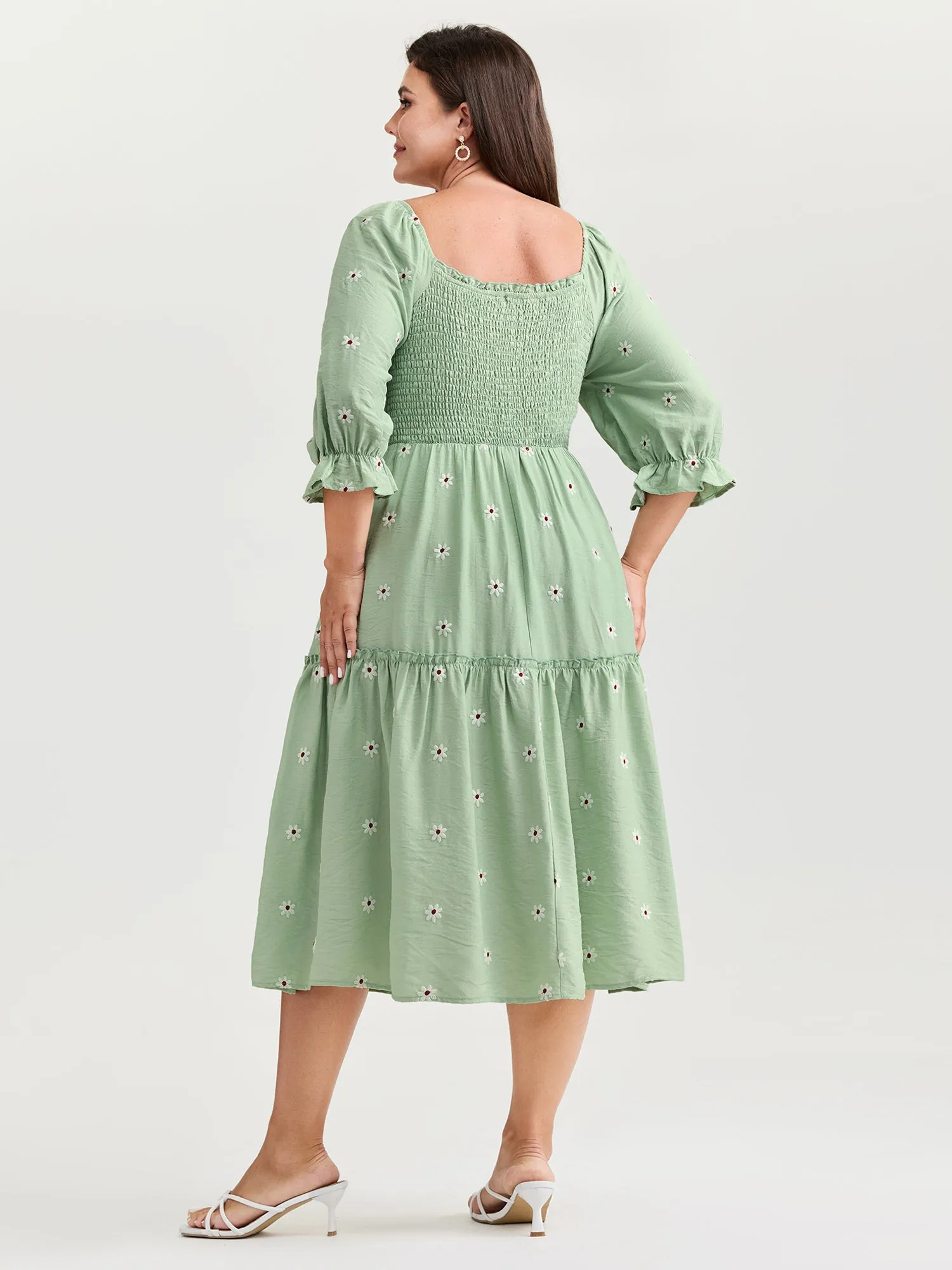 Shirred Embroidered Square Neckline Tiered Midi Dress sold by Bloomchic product image thumbnail 4