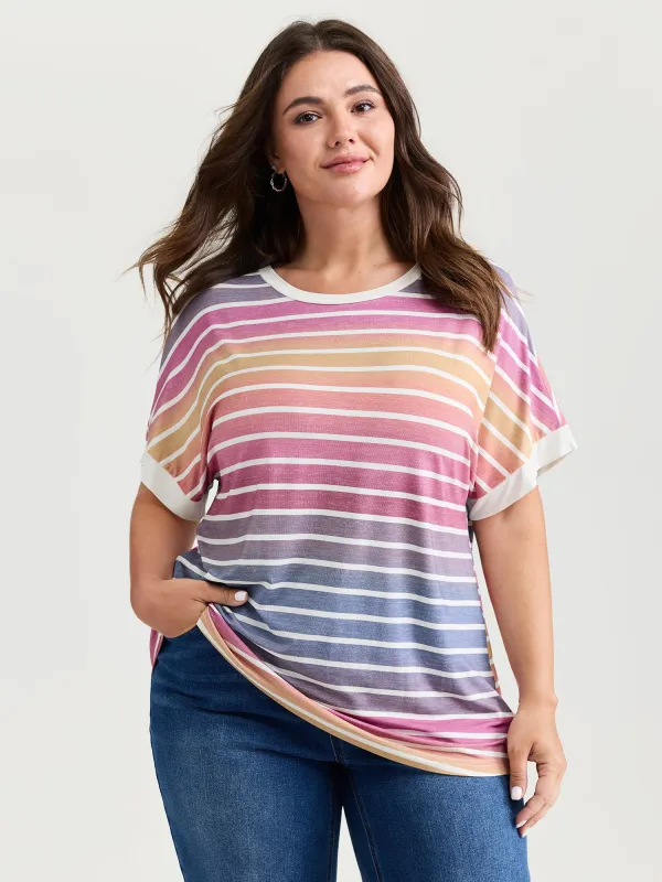Colorful Gradient Stripe Round Neck T-Shirt sold by Bloomchic