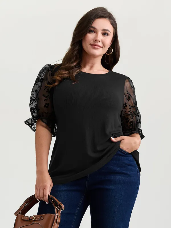 Sheer Puffy Sleeve Round Neck T-Shirt made by Bloomchic