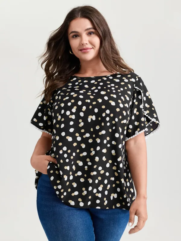 Irregular Polka Dots Print Lace Trim Blouse sold by Bloomchic
