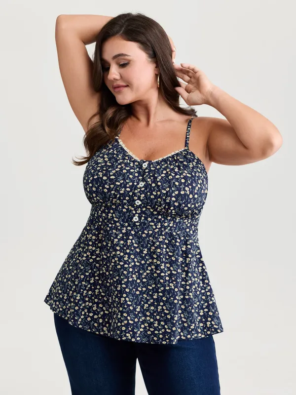 Retro Floral Print Lace Trim Tank Top made by Bloomchic