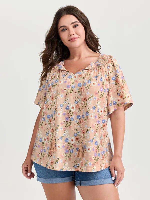 Sweet Floral Print Shirred Drawstring Neckline Top made by Bloomchic