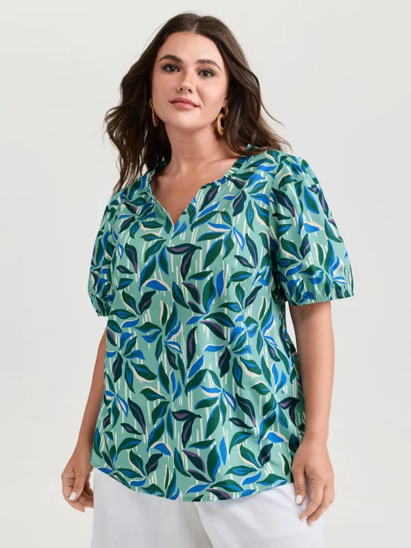 Cotton Tropical Leaf Print Irregular Sleeve Blouse made by Bloomchic