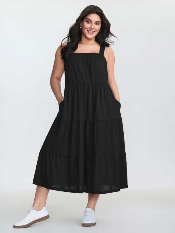 Pleated Wide-Straps Plain Midi Dress made by Bloomchic