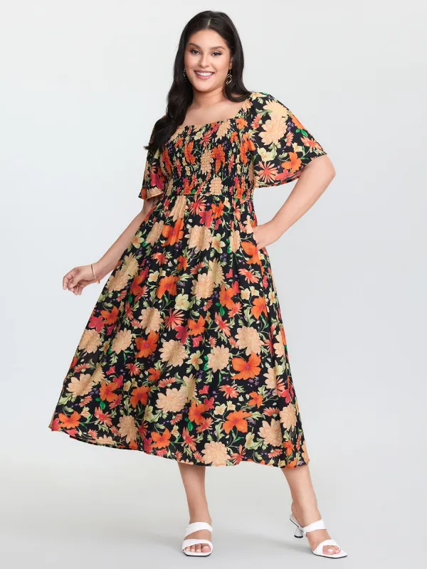 Floral Print Square Neckline Shirred Bodice Midi Dress sold by Bloomchic