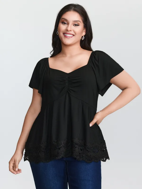 Lace Trim Flared Sleeve Ruched-Front Knit Top sold by Bloomchic