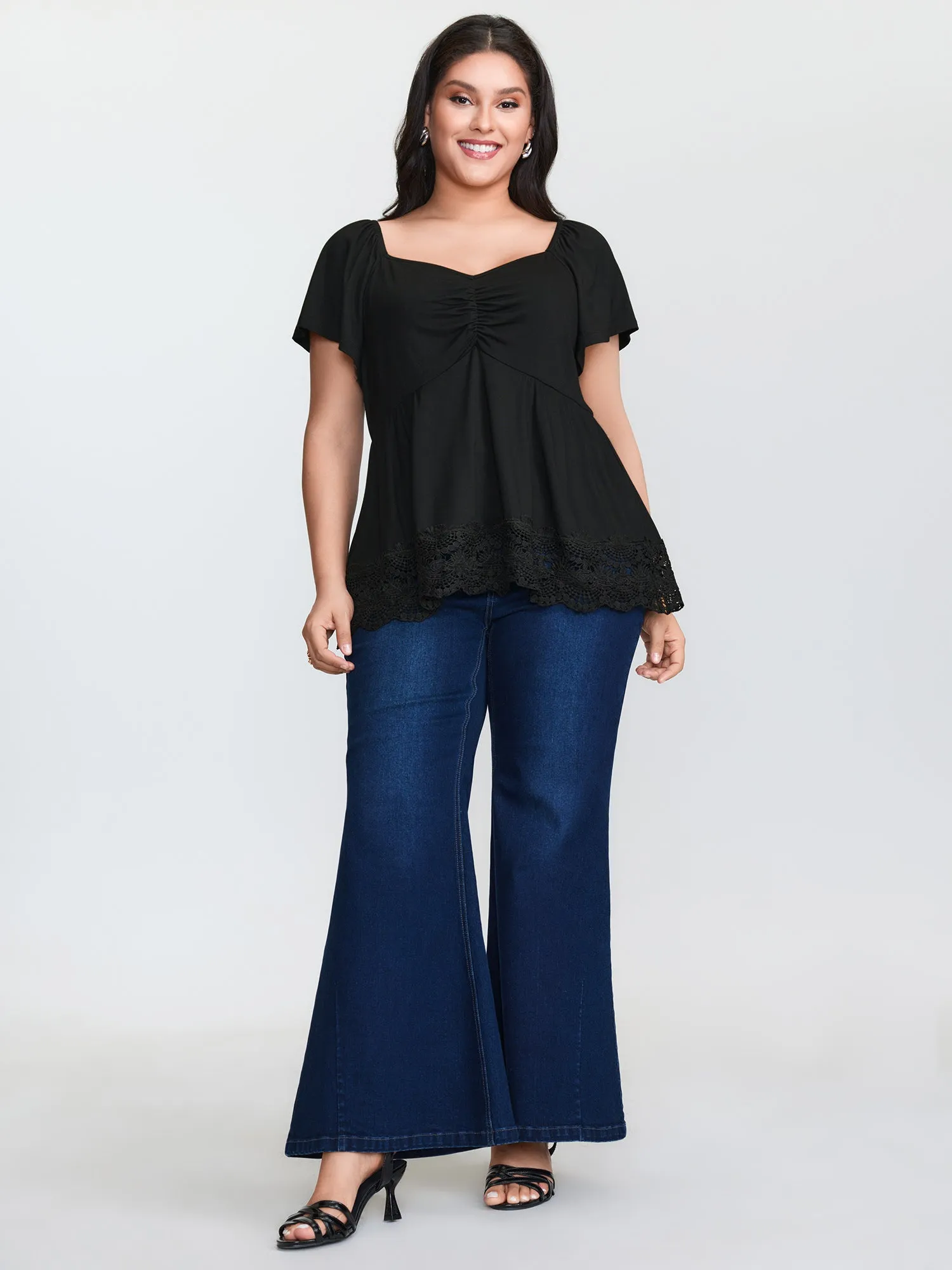 Lace Trim Flared Sleeve Ruched-Front Knit Top sold by Bloomchic product image thumbnail 3