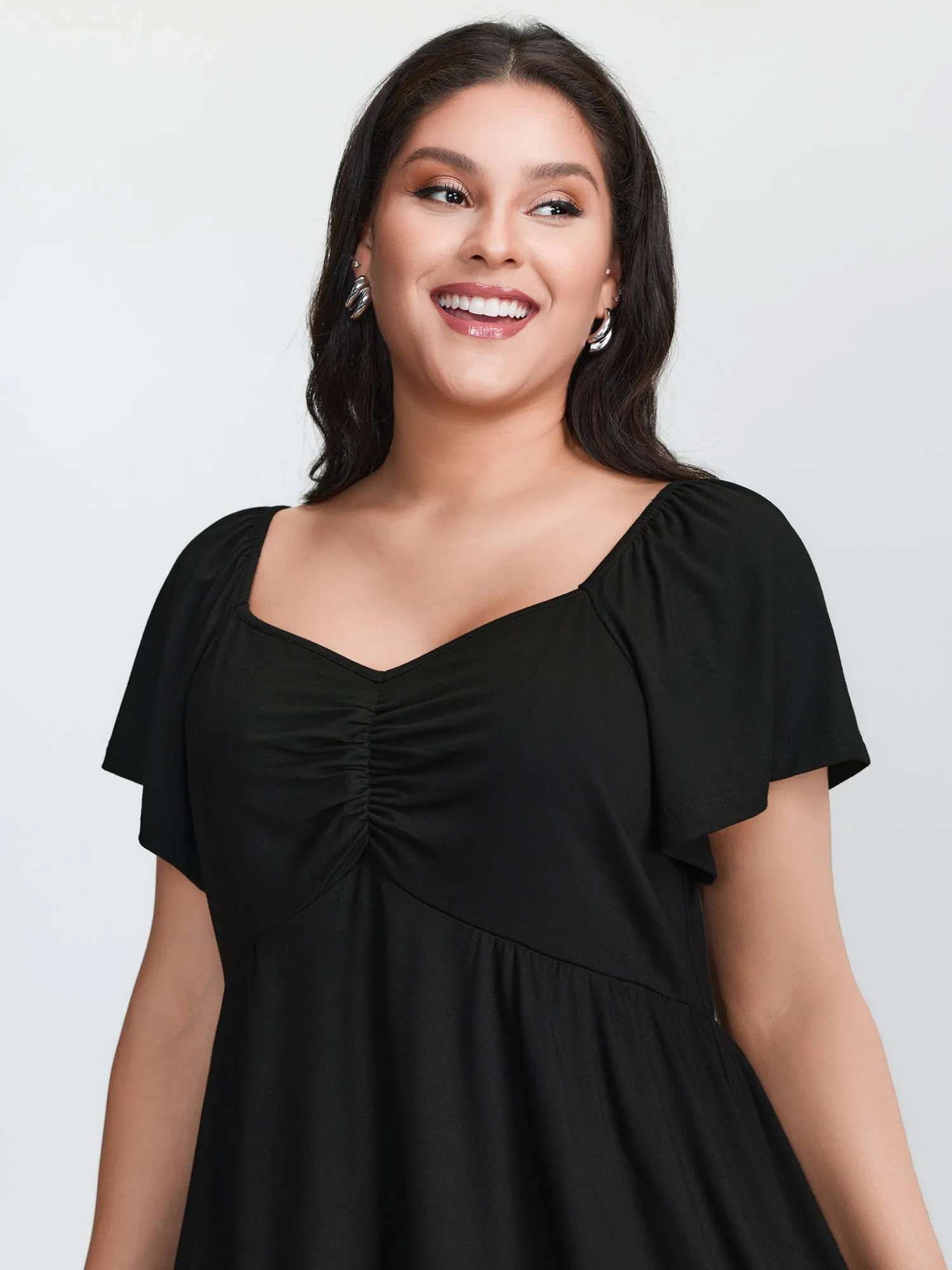 Lace Trim Flared Sleeve Ruched-Front Knit Top sold by Bloomchic product image thumbnail 2