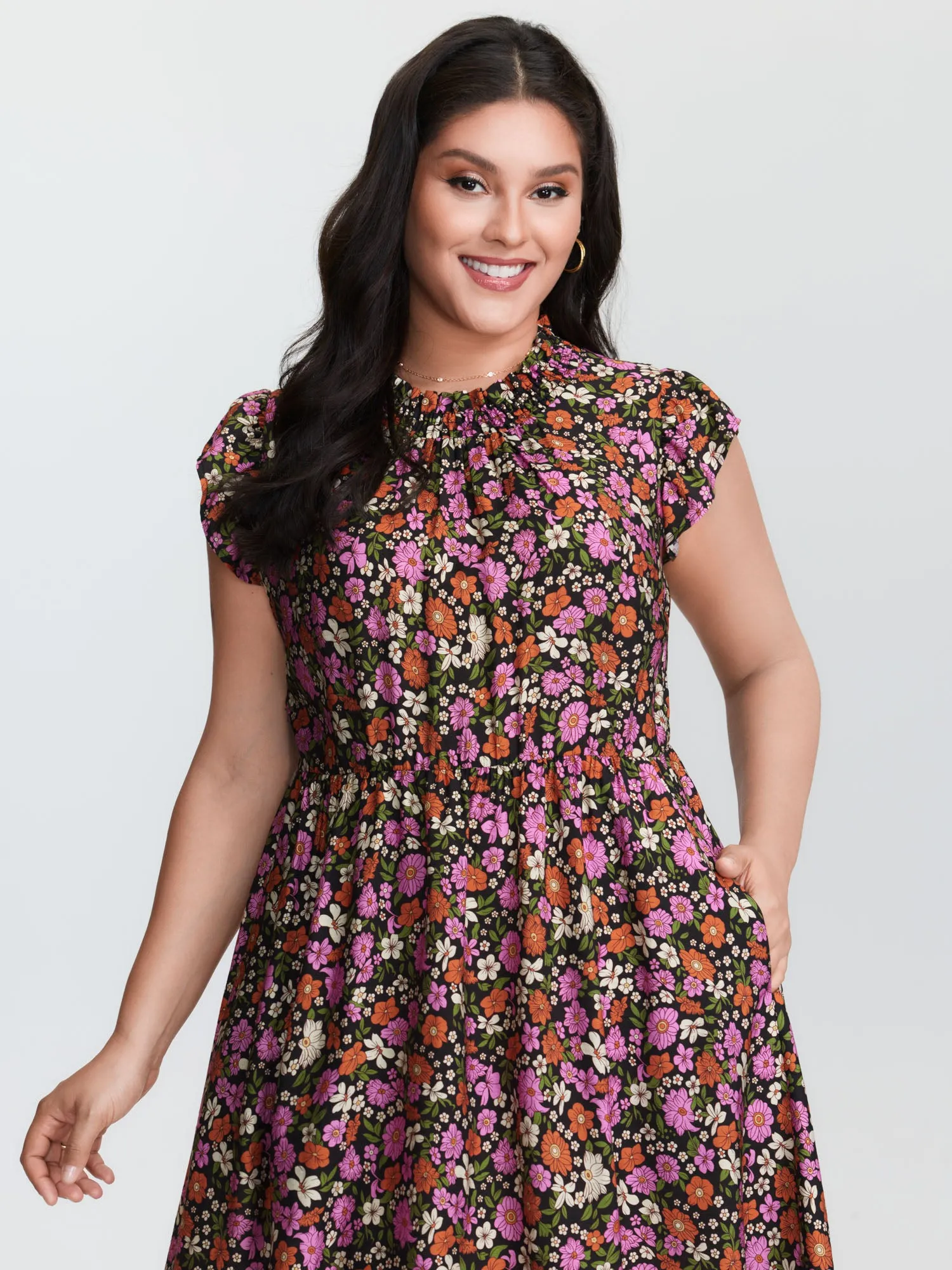 Chic Floral Print Ruffled Mock Neckline Mini Dress sold by Bloomchic product image thumbnail 2