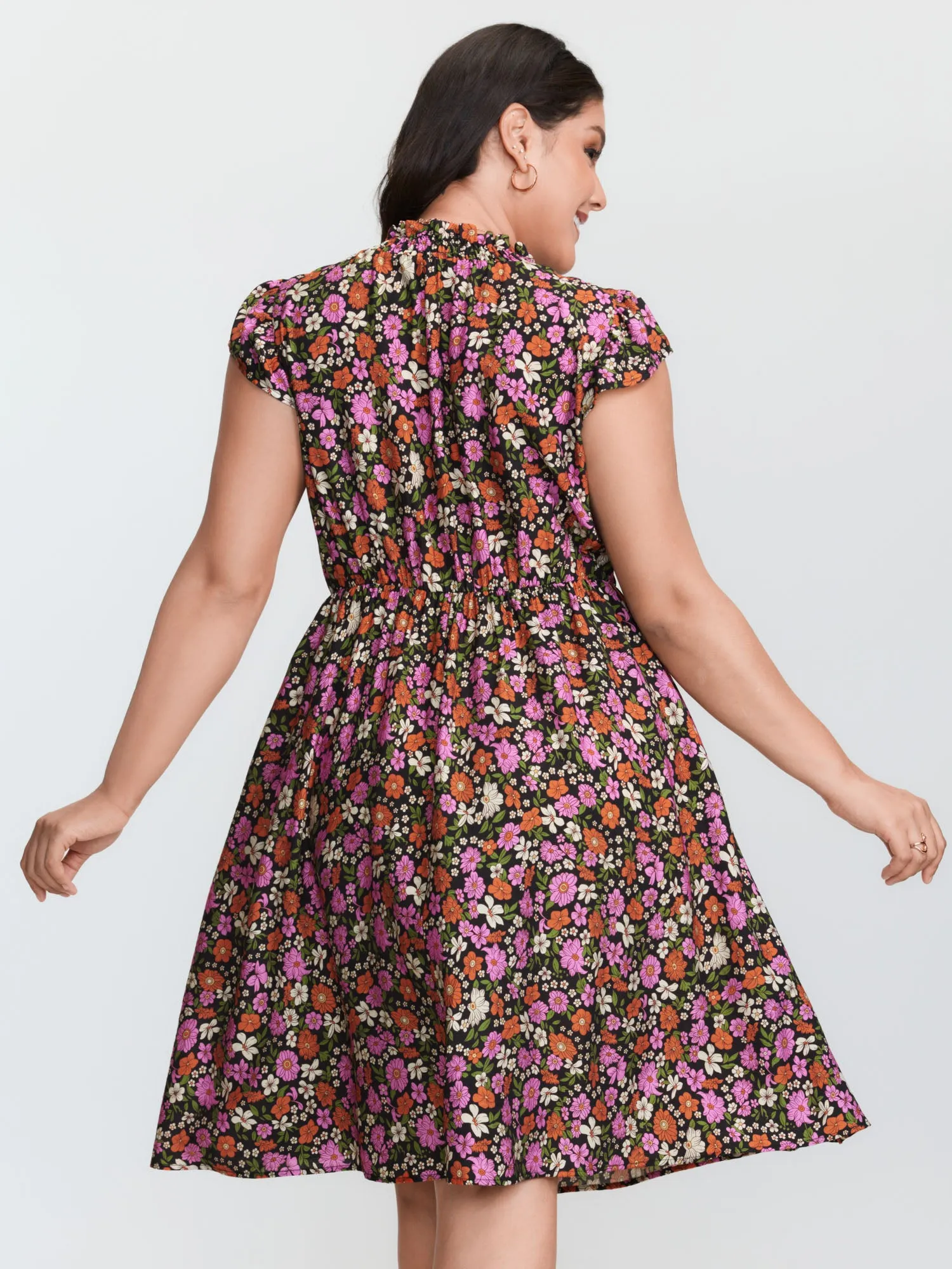 Chic Floral Print Ruffled Mock Neckline Mini Dress sold by Bloomchic product image thumbnail 5