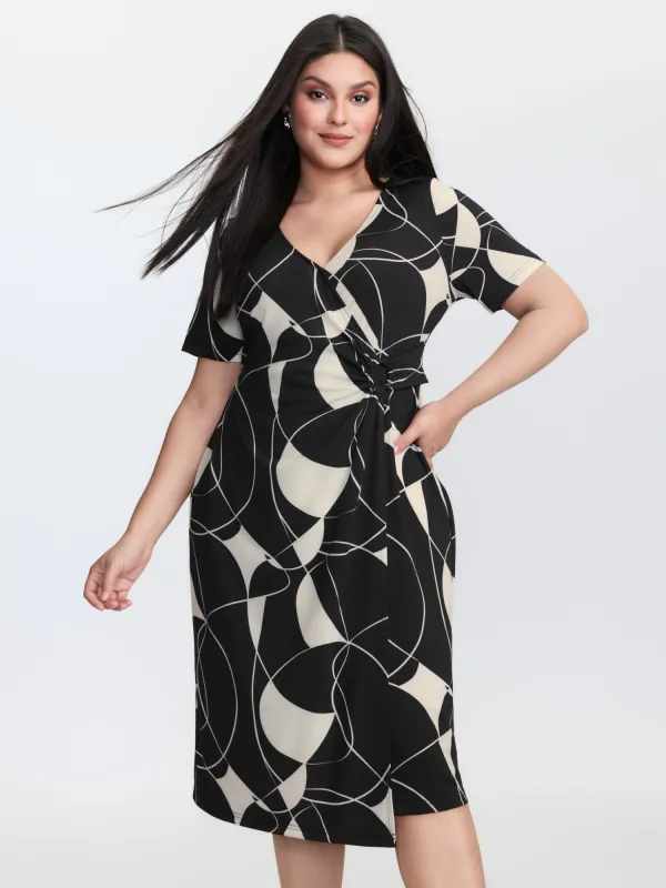 Geometric Print Stretchy Knotted Midi Dress made by Bloomchic